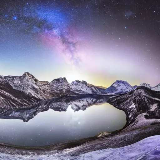 Image similar to Galactic arch, snowy mountains and lakes, in the style of National Geographic magazine, astronomical photography