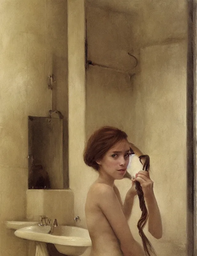 Prompt: portrait of peasant girl brushing her hair in a bathroom, Cinematic focus, Polaroid photo, vintage, neutral colors, soft lights, foggy, by Steve Hanks, by Serov Valentin, by lisa yuskavage, by Andrei Tarkovsky 8k render, detailed, oil on canvas