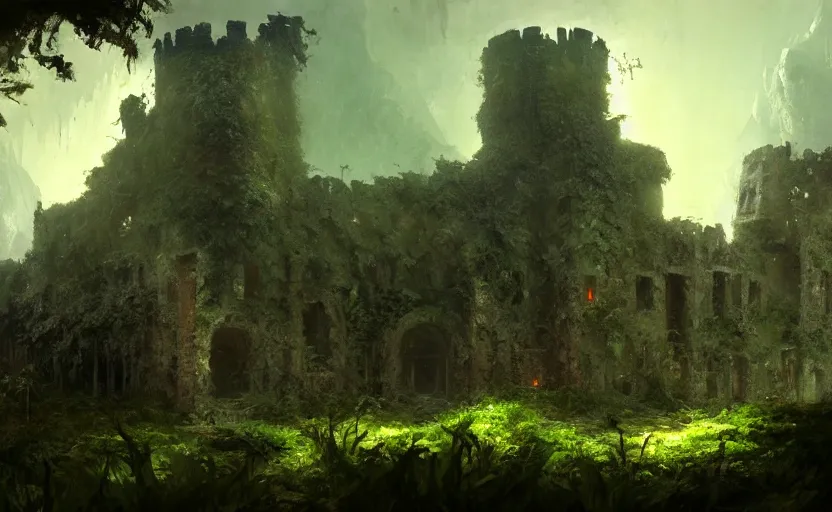 Prompt: ruins of an old castle covered by plants with moody and cinematic lighting by greg ruthkowski and craig mullins, cinematic and atmospheric, concept art, artstation, trending on artstation