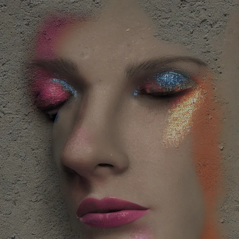 Prompt: wide angle octane render by wayne barlow and carlo crivelli and glenn fabry, the face of a woman with dramatic colorful shimmering makeup breaking through the cement wall of a brutalist government building, cinema 4 d, ray traced lighting, very short depth of field, bokeh