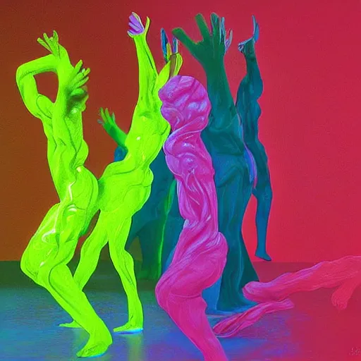 Prompt: liquid people dancing in a lightfull room by lynda benglis, hyperrealistic, shadows, high detail, digital art