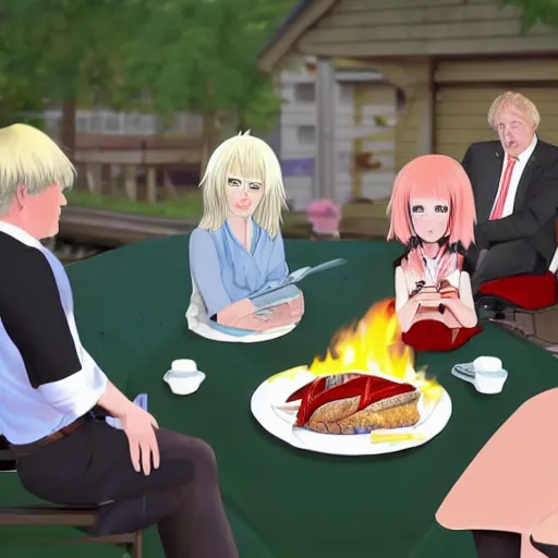 Image similar to boris johnson having a cookout with his personal anime catgirls on a boat