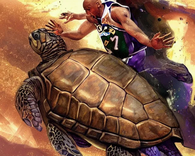 Image similar to kobe bryant riding on a turtle in heaven, fantasy art, illustration, epic art, fantasy, intricate, elgant, amazing detail, digital painting, artstation, concept art, smooth, sharp focus