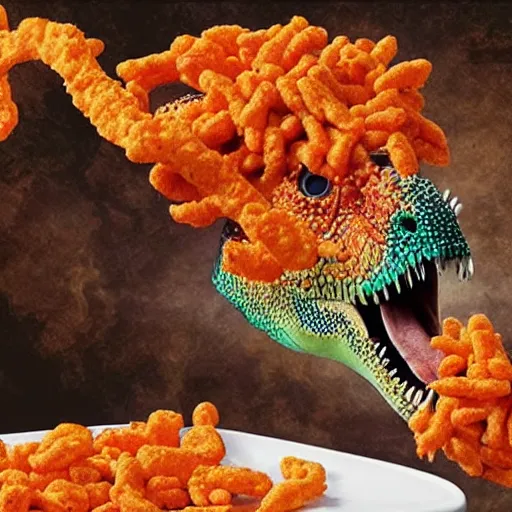 Prompt: ultra realistic dinosaur eating Cheetos, Napoleon Bonaparte