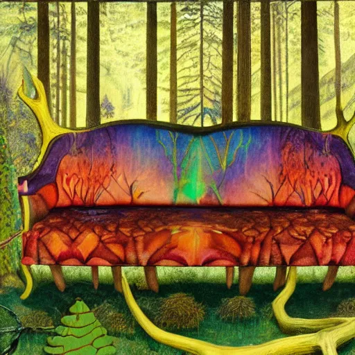 Image similar to psychedelic couch sofa in the lush pine forest, milky way, moose antlers, designed by arnold bocklin, jules bastien - lepage, tarsila do amaral, wayne barlowe and gustave baumann, cheval michael, trending on artstation, star, sharp focus, colorful refracted sparkles and lines, soft light, 8 k 4 k