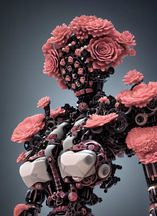 Prompt: biomechanical black mecha carrying perfume bottle enchanted coral kingdom made of corals, daisies, roses in an ivory room well contoured smooth fair walls, up close shot, sharp focus, global illumination, radiant light, alexandre ferra white mecha, irakli nadar, octane highly render, 4 k, ultra hd,