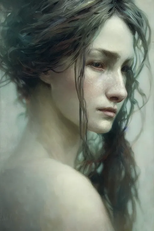 Image similar to beautiful photographic by jeremy mann, only one head single portrait absurdly beautiful, elegant, ultrafine hyperrealistic detailed face, alphonse mucha, intricate linework, sharp focus, smooth, octopath traveler, final fantasy, unreal engine, dramatic lighting, ethereal, 8 k