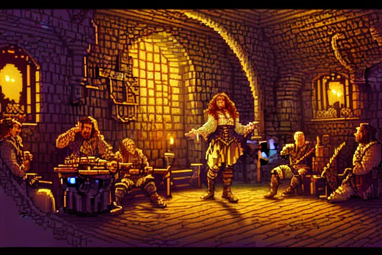 Prompt: the bard's tale, beautiful detailed pixelart by albertov, intricate details, beautiful, dithered gradients, volumetric lighting, cgsociety, artstation, smooth, sharp focus, 2 d illustration, amazing art by dan mumford, old school computer game graphics, crpg, d & d, pixel art