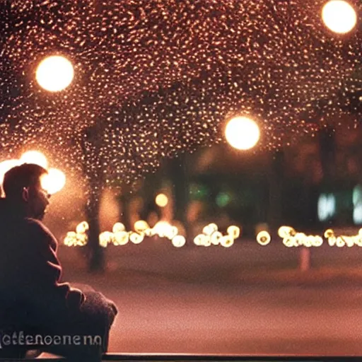 Image similar to man sitting on park bench on christmas eve smoking cigarette. cigarette glowing embers smoke volumetric c4d. harsh lighting, live action photo 1993 film. bokeh Christmas lights in the background