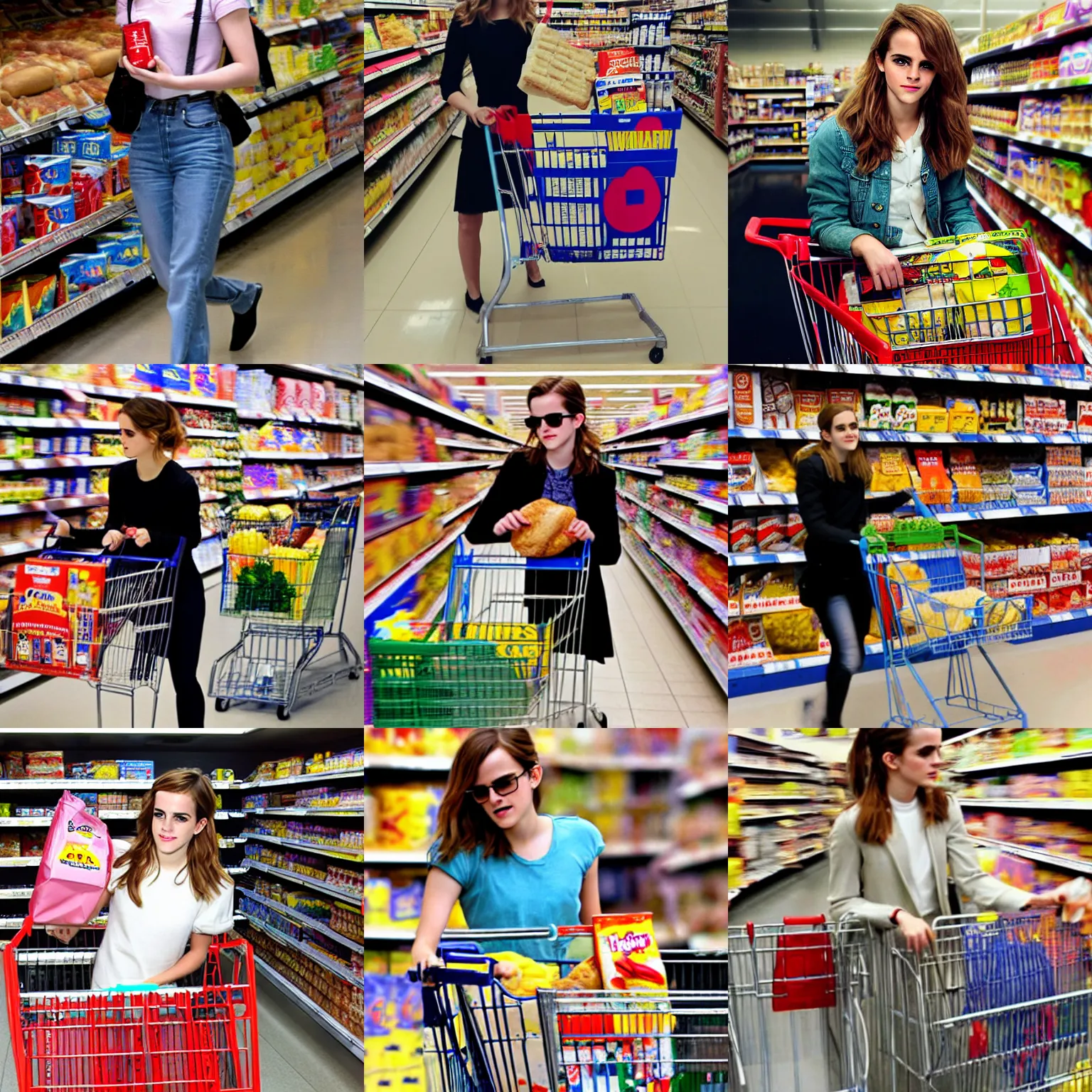 Prompt: candid paparazzi photo of emma watson holding wonder bread next to a shopping cart and a supermarket shelf, slight motion blur