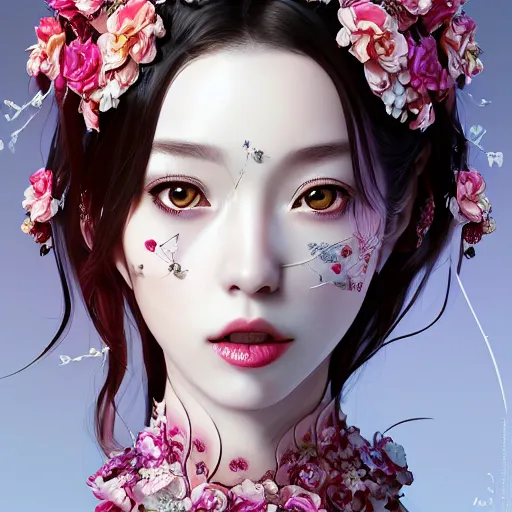 Prompt: the portrait of the absurdly beautiful, graceful, elegant, sophisticated, fashionable photorealistic anime woman made of cherries and white petals with tears, an ultrafine hyperdetailed illustration by kim jung gi, irakli nadar, intricate linework, bright colors, octopath traveler, final fantasy, unreal engine highly rendered, global illumination, radiant light, detailed and intricate environment