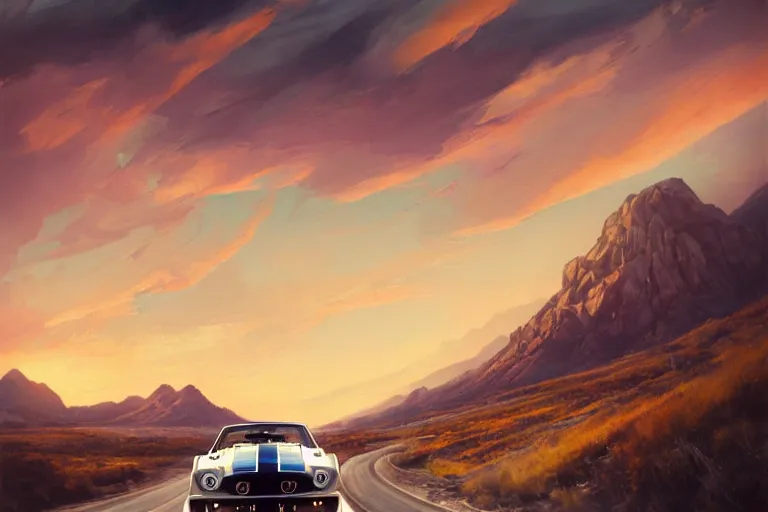 Image similar to a 1 9 6 7 shelby gt 5 0 0 driving down a long country road, coriolios rpg art style, full of details, warm sunset colors, matte painting, artstation, 8 k, hyperrealistic, style of peter mohrbacher, album cover, extreme long shot, mountains, panoramic, wide shot