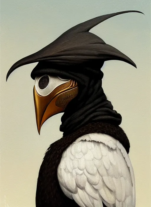 Image similar to rpg! profile! portrait of humanoid bird on white background, beak, feathers, plague doctor, intricate, highly detailed, digital painting, artstation, concept art, smooth, sharp focus, illustration, art by norman rockwell emiliano ponzi andrey remnev yoann lossel aaron jasinski, 8 k