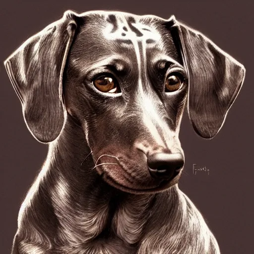 Prompt: portrait of brindle dachshund, salt and pepper hair, soft hair, d & d, muscular, fantasy, intricate, elegant, highly detailed, digital painting, artstation, concept art, smooth, sharp focus, illustration, art by frank frazetta and alphonse mucha