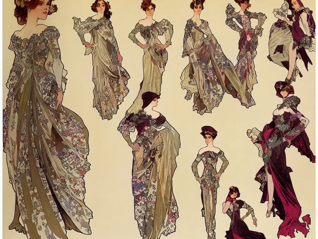 Image similar to 4 elegant full length spider horse dress designs with natural history prints designed by alphonso mucha