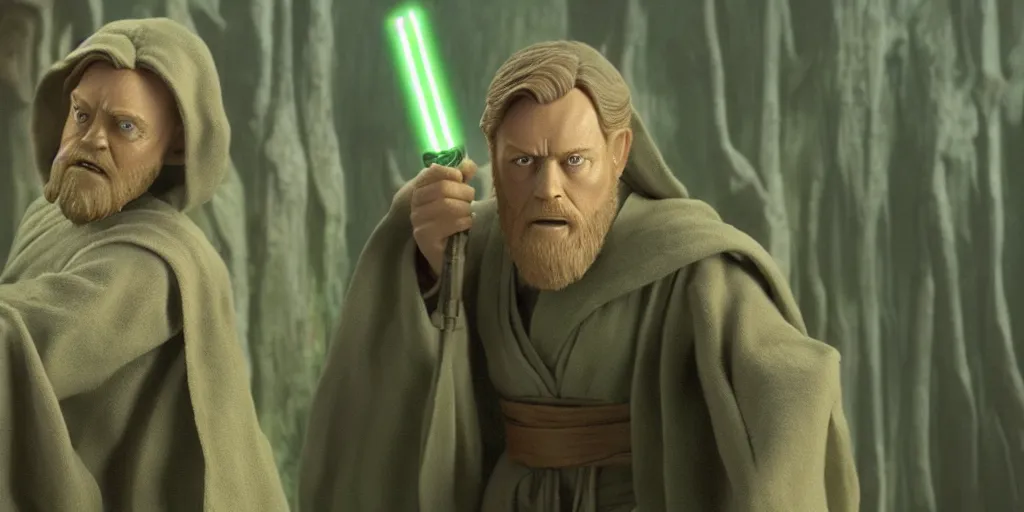 Prompt: obi - wan kenobi disney plus show season 2, green jedi master yoda puppet from 1 9 8 0 s empire strikes back and the last jedi, dagobah ultra realistic, 4 k, movie still, uhd, sharp, detailed, cinematic, render, modern