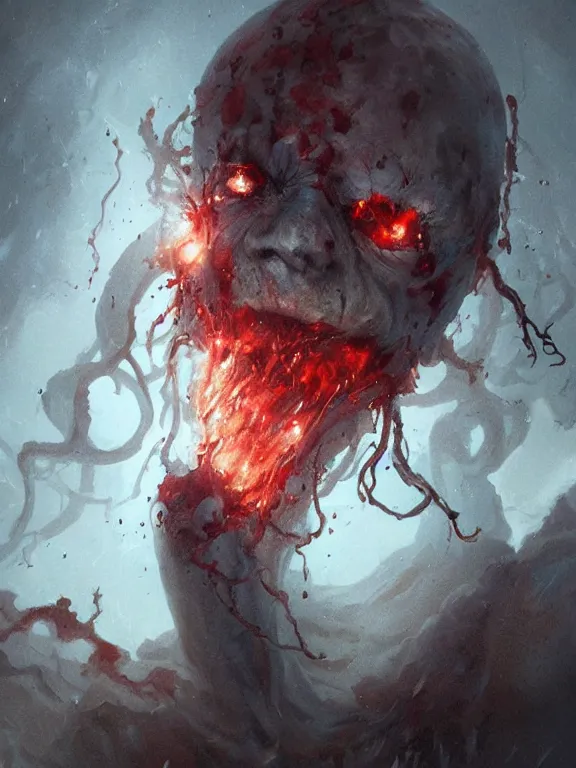 Image similar to painting by greg rutkowski of a flying sorrowful looking human head with tears running down it's eyes, face that is chalk white in color, with long sprawling white tentacles stemming down it's neck, fiery scorching red eyes, flying in a terrying hellish dark cavernous place