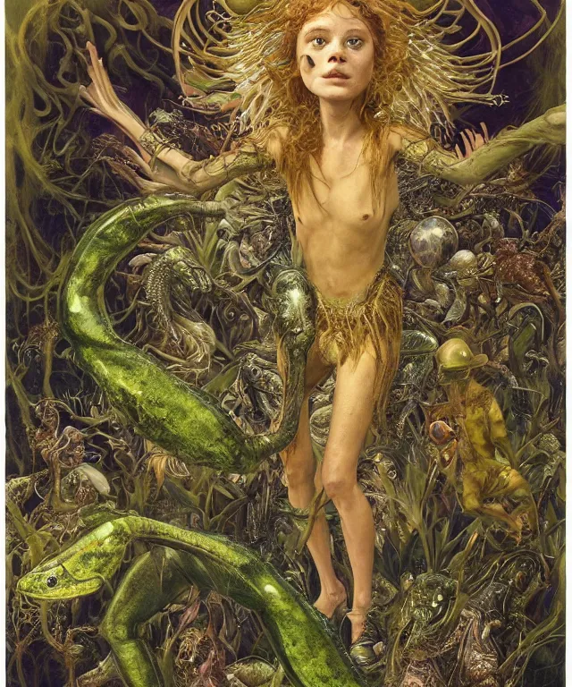 Prompt: a portrait photograph of a fierce sadie sink as an alien harpy queen with slimy amphibian skin. she is trying on golden bulbous slimy organic membrane parasitic fetish fashion and transforming into an insectoid amphibian. by donato giancola, walton ford, ernst haeckel, brian froud, hr giger. 8 k, cgsociety