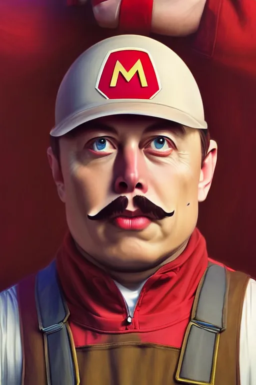 Image similar to elon musk as mario from the super mario bros, realistic portrait, symmetrical, highly detailed, digital painting, artstation, concept art, smooth, sharp focus, illustration, cinematic lighting, art by artgerm and greg rutkowski and alphonse mucha