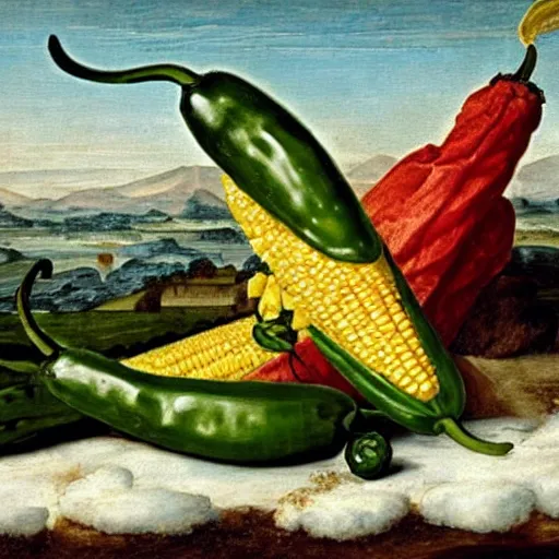 Prompt: a piece of corn dueling a jalapeno during a war in an a renaissance historical painting with it snowing cheese