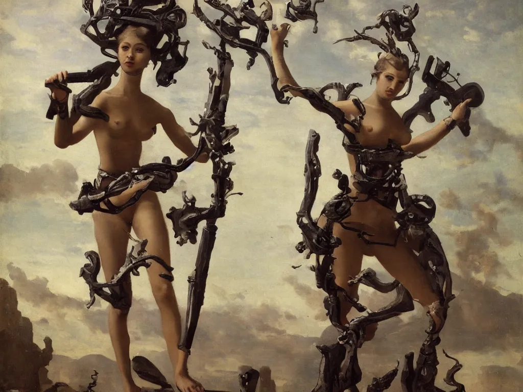 Prompt: photo realistic six armed goddess holding futuristic weapons in each hand, by camille corot, third - person, f / 2 2, kinemacolor, rim lights, insanely detailed and intricate, hypermaximalist, elegant, ornate, hyper realistic, super detailed