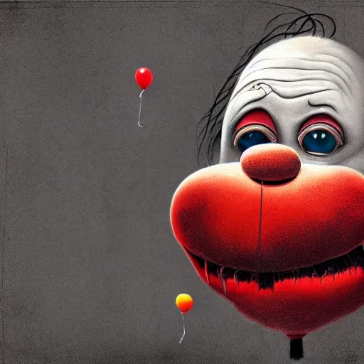 Prompt: surrealism grunge cartoon portrait sketch of clown with a wide smile and a red balloon by - michael karcz, loony toons style, homer simpson style, horror theme, detailed, elegant, intricate