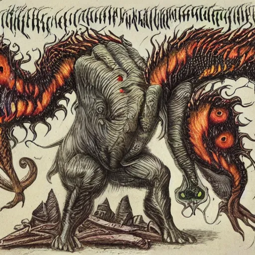 Image similar to bizarre bestiary of repressed emotional monsters and creatures starting a fiery revolution in the psyche