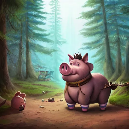 Prompt: a cartoonish anthropomorphic pig is near a wooden hut in a mystical forest full of wonders, pine trees, magical atmosphere, trending on artstation, 30mm, by Noah Bradley trending on ArtStation, deviantart, high detail, stylized portrait