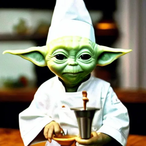 Image similar to tiny and innocent baby yoda appears as a chef wearing a white chefs hat and apron in a beautiful kitchen, preparing some food