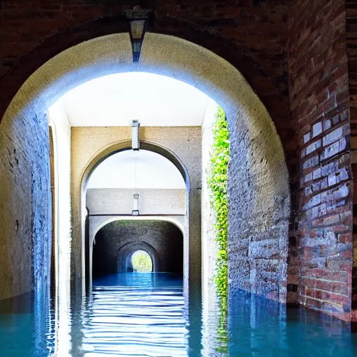 Image similar to flooded tunnel with arched ceilings and doorways, natural light,