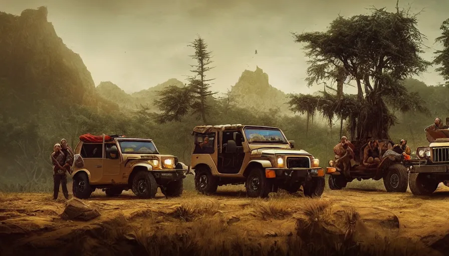 Image similar to Mahindra Thar with tribe members nearby, an epic fantasy, dramatic lighting, cinematic, establishing shot, extremely high detail, photorealistic, cinematic lighting, artstation, by simon stalenhag, horizon forbidden west