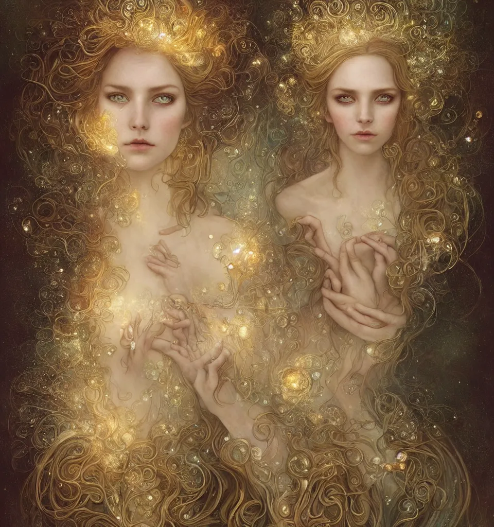 Prompt: Beautiful Delicate Detailed portrait of sun summer woman, With Magical golden eyes by Tom Bagshaw, Bastien Lecouffe Deharme, Erik Johansson, Amanda Sage, Alex Grey, Alphonse Mucha, Harry Clarke, Josephine Wall and Pino Daeni, Delicate winter frozen creature With long golden Hair and Magical Sparkling Eyes, Magic Particles; Magic Swirls, in a out of this world magical summer landscape, 4K; 64 megapixels; 8K resolution concept art; detailed painting; digital illustration; hyperrealism; trending on Artstation; Unreal Engine Photorealistic, lifelike, Unreal Engine, sharp, sharpness, detailed, 8K