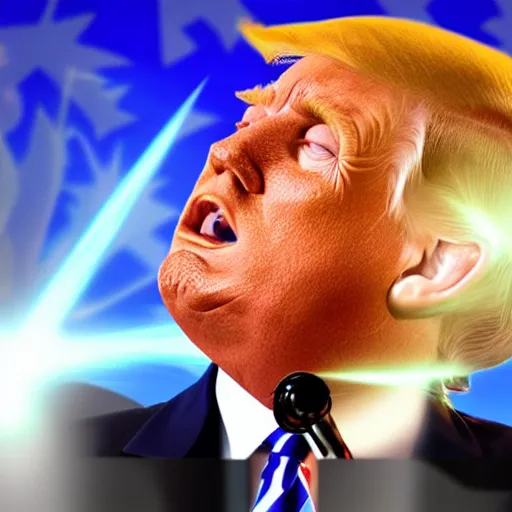 Image similar to godlike explosion coming out of Donald trumps 3rd eye,