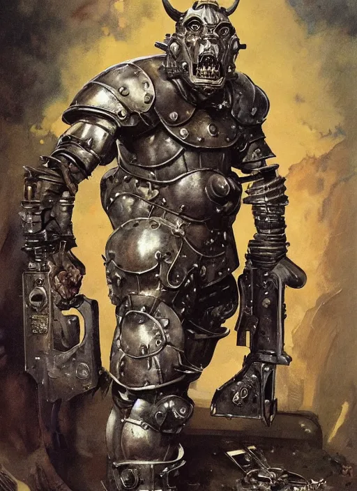 Image similar to 5 0 s pulp scifi fantasy illustration full body portrait martyn ford as hugw armoured troll by norman rockwell, roberto ferri, daniel gerhartz, edd cartier, jack kirby, howard v brown, ruan jia, tom lovell, frank r paul, jacob collins, dean cornwell, astounding stories, amazing, fantasy, other worlds