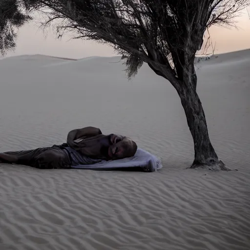 Prompt: a photo of Ghandi sleeping rough in the Sahara during sunrise, perfect lighting