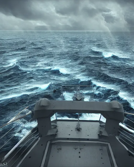 Image similar to view from an aircraft carrier of stormy seas, stormy weather, unreal engine, hyper realism, realistic shading, cinematic composition, realistic render, octane render, detailed textures, photorealistic, ultrawide shot, 16mm lens