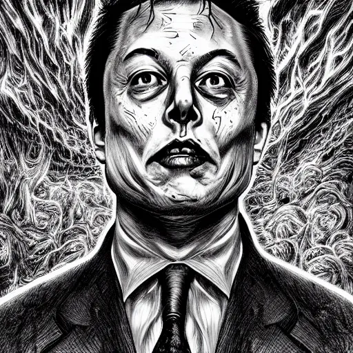 Image similar to elon musk scariest horror nightmare by junji ito, digital art, deepdream cosmic, 3 d high definition, trending on artstation, photorealistic, high resolution, 8 k, octane, hyper detailed, trending on deviantart insane details, intricate, elite, ornate, elegant trend, highly detailed and intricate, sharp focus, photography, unreal engine