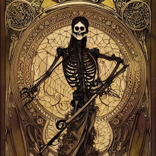 Prompt: skeleton with sickle, highly detailed, very intricate, art nouveau, gold filigree, award winning, tarot concept art watercolor illustration by mandy jurgens and alphonse mucha and alena aenami, featured on artstation