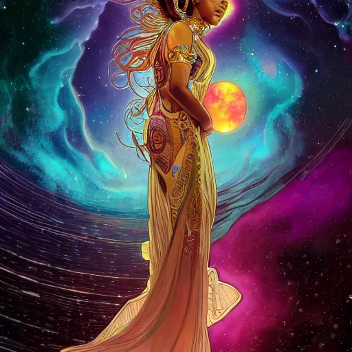 Image similar to highly detailed digital painting of a black female celestial being experiencing nirvana in space, colorful nebulas and planets in the background, highly detailed, intricate design, cinematic view, 8k resolution, artstation, by Akihiko Yoshida, Alphonse Mucha, and Moebius