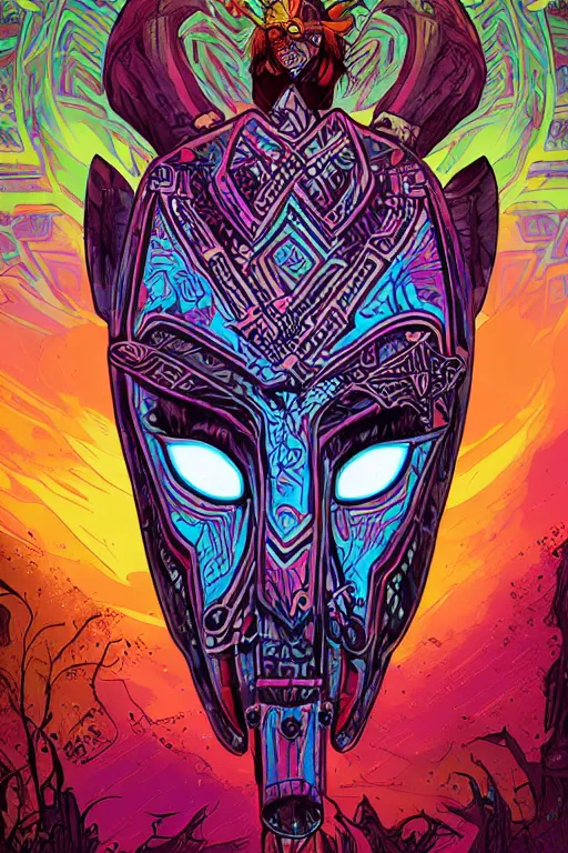 Image similar to totem animal tribal chaman vodoo mask feather gemstone plant wood rock video game illustration vivid color borderlands by josan gonzales and dan mumford radiating a glowing aura