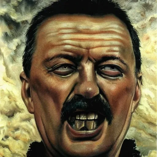 Image similar to Portrait of Igor Ivanovich Strelkov while he is calling for war mobilization, photo-realistic, fullcolor, 2K, highly detailed, bodyhorror by H.R.Giger, tends to have fractal structure