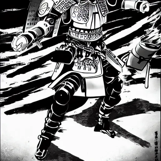 Image similar to a post - modern samurai cyborg in manga style, manga, black and white, japanese, action portrait art