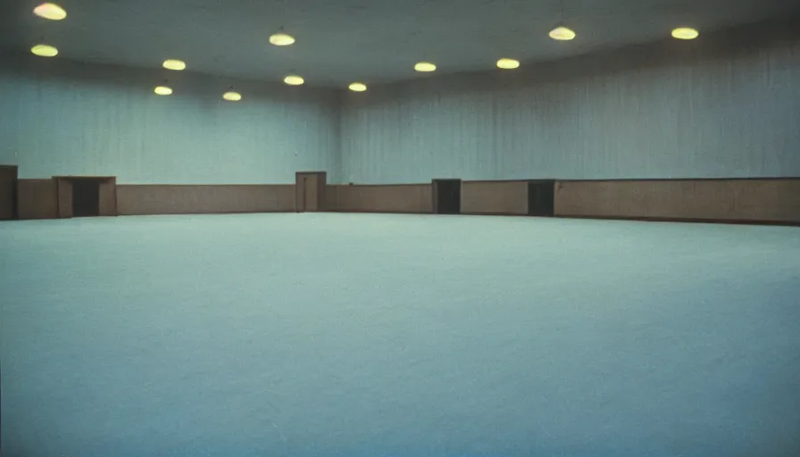 Image similar to 60s movie still of a sovietic stalinist style empty ballroom with blue beds, cinestill 800t 50mm eastmancolor, liminal Space style, heavy grain, flash-s 150