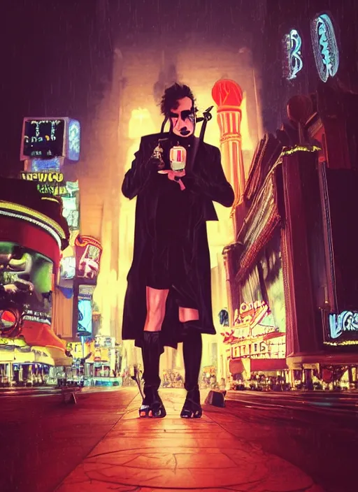 Image similar to 35mm kodak portra portrait of a darkwave vampire on the Las Vegas strip at night by tomer hanuka and tom bagshaw, hyper realism, high detail, octane render, 8k, trending on artstation, CGsociety, concept art