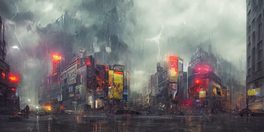 Prompt: centered photograph of severe weather storms above an Beautiful Orwellian City, architecture, detailed textures, hyper realistic, vibrant colors, cinematic lighting, graffiti art style, climate change, digital art painting by greg rutkowski, cinematic, concept art, 35mm grain filter, artstation