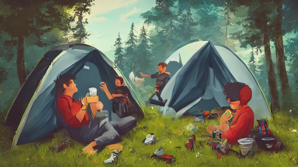 Prompt: an illustration of a drunk teenage kid on a camping, vomiting out his tent, parents standing outside angry, fisheye lens, high contrast, highly detailed, sharp focus, digital painting, 3 d art, illustration, trending on artstation,