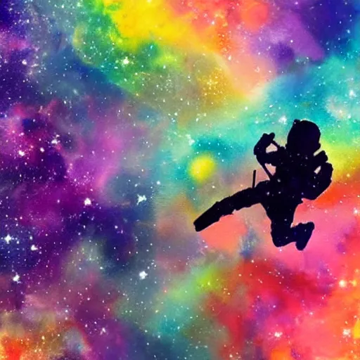 Image similar to beautiful watercolor painting of a colorful nebula, a lone astronaut drifting through space, stunning, 4 k