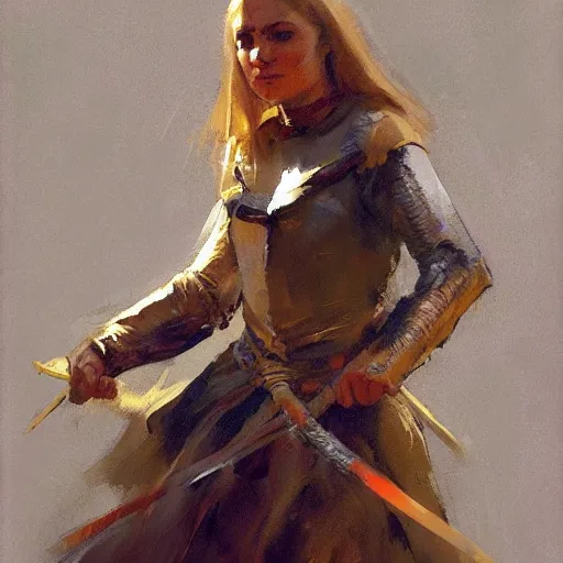 Image similar to portrait of woman wearing medieval clothing holding sword, aggressive stance, detailed by greg manchess, craig mullins, bernie fuchs, walter everett