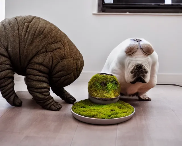 Image similar to big pet tardigrade eating from a food bowl full of moss, cute pet photos, home photography, award - winning pet