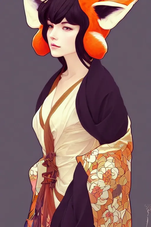 Prompt: A beautiful woman with fox ears who wears kimono, highly detailed, digital painting, artstation, concept art, smooth, sharp focus, illustration, art by artgerm and alphonse mucha, high definition digital art, in the style of Ross tran and ilya kuvshinov